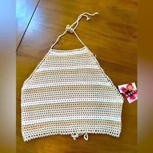 NWT Roxy Beige and White Crochet Halter Top